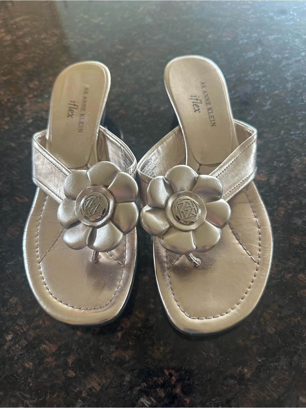 Anne Klein Metallic Silver Floral Toe-Post Sandals